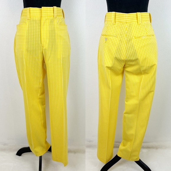 Vintage Women's M Pants Trousers Yellow Gingham 70s Mod Revival Retro Chic MCM - Picture 2 of 12
